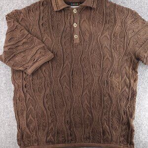 Coogi Australia Sweater Men Knit 3D Brown Collared XL Polo Pullover Short Sleeve